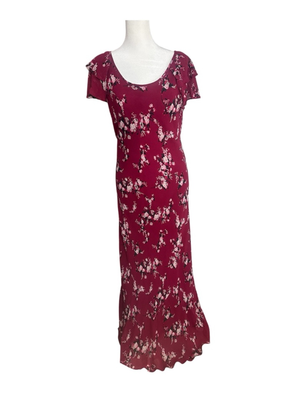 Laura Ashley 100% Silk Red Floral MIDI Dress 10 Vintage-Inspired Flutter Sleeves